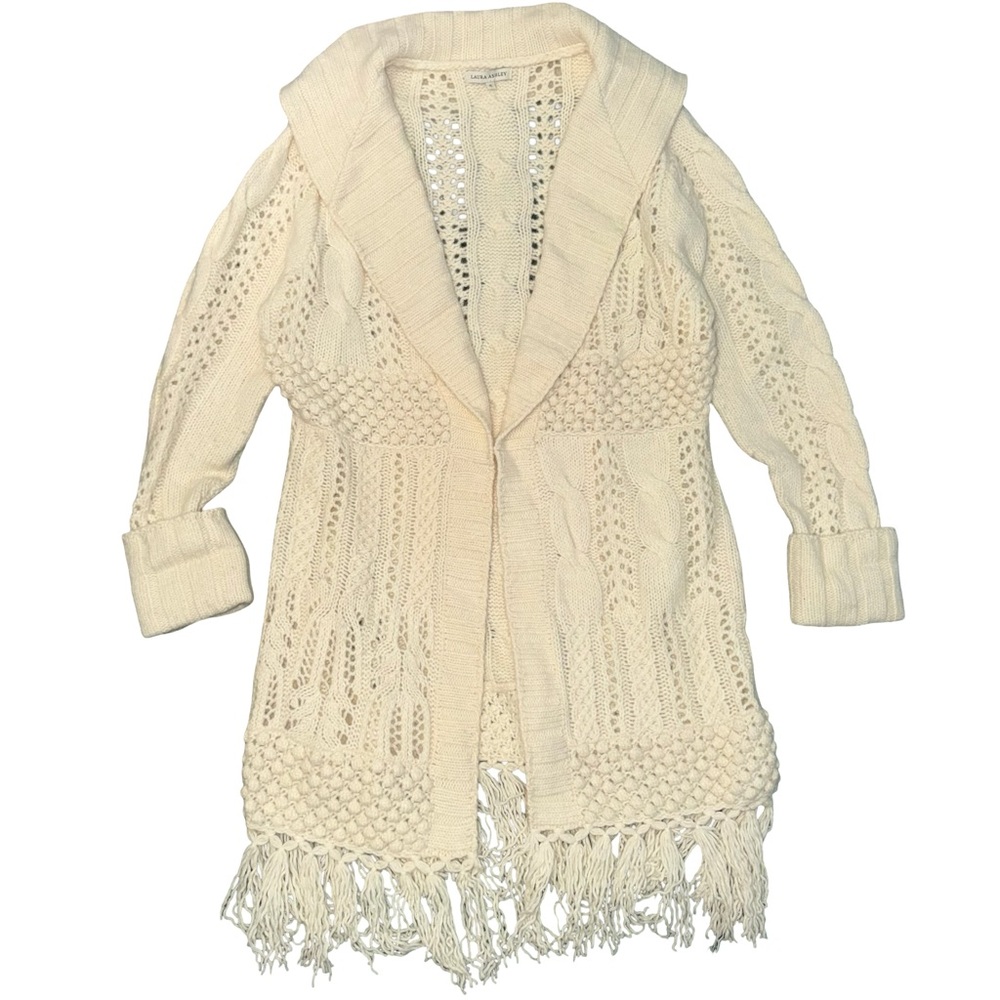 Laura Ashley wool & angora chunky fringe cable knit cream cardigan XL - Picture 5 of 13